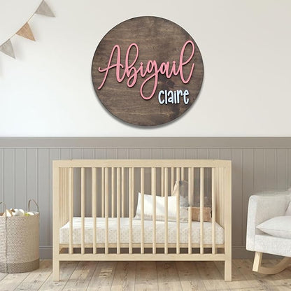 Custom Round Nusery Name Sign, Personalized 3D Baby Name Announcement Sign, Personalized Wooden Wall Plaque, 3D Wall Art for Children & Kids Rooms, Family Name Signs, 30 Colors (Design 12)