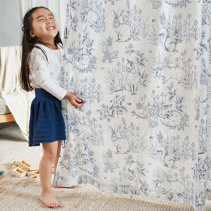 jinchan Linen Nursery Curtains 84 inch Long Woodland Wildlife Blue Print Drapes for Kid's Room Light Filtering French Country Farmhouse Curtains with Bunny and Forest Design Set of 2 Panels