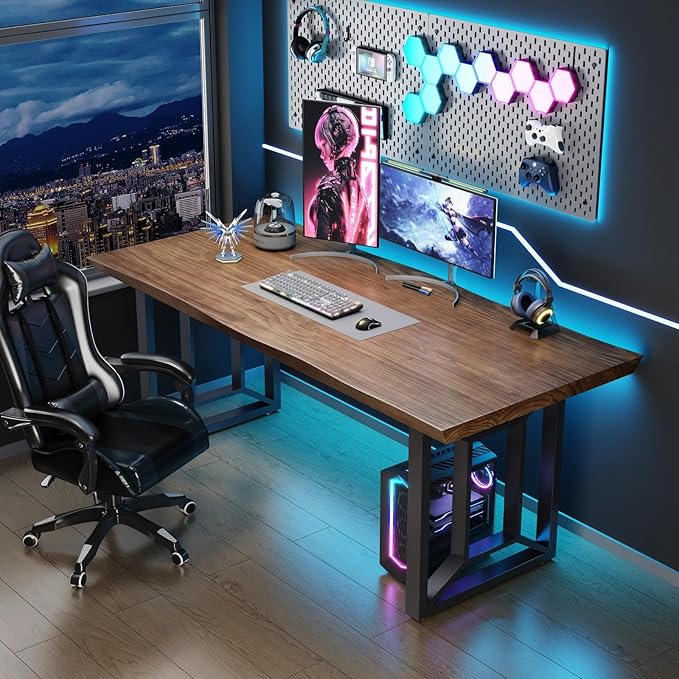 Solid Wood Computer Desk Study Office Desk 55" Writing, Modern Simple Style PC Table, Black Metal Frame, Solid Wood Planks 55" D x 27" W x 29" H for Home Office Bedroom,Rustic Brown