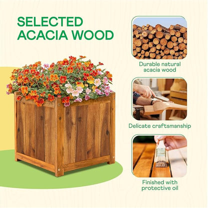 IDZO Acacia Wood Flower Planter Box for Outdoor Plants, 1pc Wooden Raised Garden Bed with Handles, Drainage Holes, Ideal for Garden and Home Décor, Light Cherry