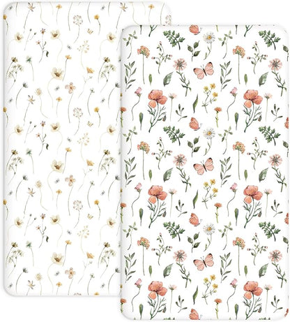 Crib Sheets for Boys and Girls, 2 Pack Fitted Baby Sheets for Standard Toddler Mattress 28" x 52", Soft Breathable Jersey Knit Baby Bedding (Butterfly Garden)