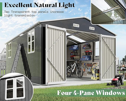 AMERLIFE 10x16x7.2 FT Metal Storage Shed with 2 Transparent Panels, Outdoor Tool Shed with Hinged Double Doors, Windows & Vents, Reinforced Steel Frame for Backyard Garden, DIY Workshop, Dark Gray
