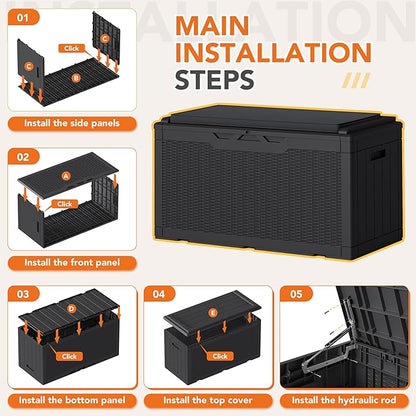 110 Gallon Deck Box Outdoor Indoor Waterproof Storage Box for Patio Furniture, Pool Accessories, Garden Tools, and Cushion Storage, Black