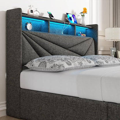 LED Full Size Bed Frame with 4 Storage Drawers, Upholstered Full Bed Frame with 2-Tier Headboard and Charging Station, No Box Spring Needed, Easy to Assembly - Dark Grey