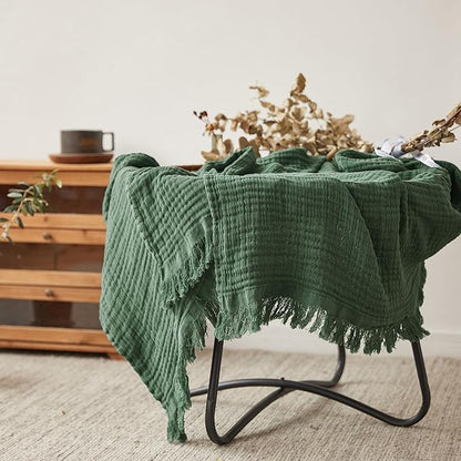 Simple&Opulence Cotton Muslin Throw Blanket for Bed, Couch, Knit Woven Gauze Blanket with Tassels, Soft Lightweight Cozy Pre-Washed Breathable Farmhouse Decoration for All-Season (Olive Green)