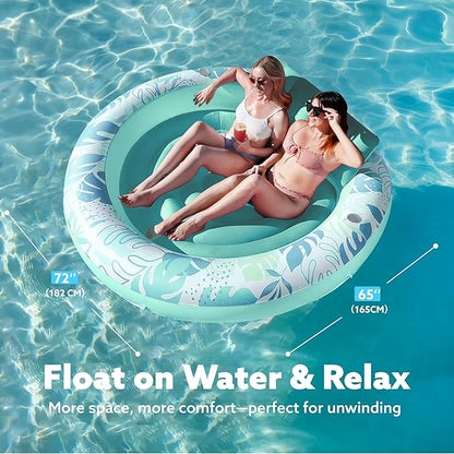 SLOOSH Inflatable Tanning Pool Lounger Float,72" x 65" Pool Floats Adult with Pillow,Luxury Fabric Large Suntan Tub Raft Floatie,Sunbathing Bed Lounge for Water Blow Up Kids Ball Pit Party Gifts,Cyan