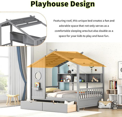 Linique Wooden Full Size House Bed with 2 Drawers and Storage Shelf,Full Platform Bed Frame with Pitched Roof,Gray