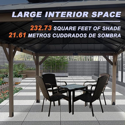CHARMELEON 12'x20' Cedar Wood Gazebo Hardtop - Wooden Gazebos with Dual Metal Roof - Permanent Outdoor Gazebo - Large All Weather Patio Gazebo for Backyard, Deck & Garden - with Curtains & Netting