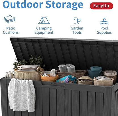 EasyUp 90 Gallon Outdoor Storage Box, Resin Waterproof UV-Resistant Deck Box, Reinforced Stability for Patio, Garden, and Poolside, Striped Black