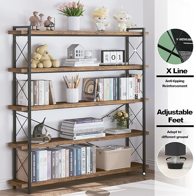 HCHQHS Large Bookshelf, 5-Tier Long Industrial Bookcase, Rustic Brown Book Shelf, Freestanding Horizontal Bookshelves with Metal Frame