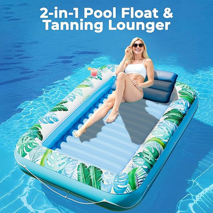 JAMBO Inflatable Tanning Pool Lounger Float, 70 x 47 Sun Tanning Pool Float with Pillow, Water Lounge Raft, Pool Floatie for Adults, Tanning Raft Pool Tub, Water Tanning Bed Kiddie Pool Tanning Floats