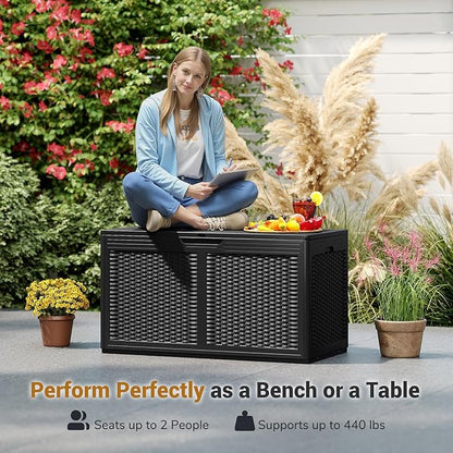 RELAX4LIFE 100-Gallon Resin Deck Box - Waterproof Outdoor Storage Box Container w/Lockable Lid & Wheels, Faux Rattan Porch Bench for Patio Furniture Cushions, Pool Accessories, Garden Tools (Black)
