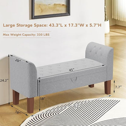 Awonde Armed Storage Bench for Bedroom Entryway Living Room Upholstered Tufted Ottoman Bench Gray