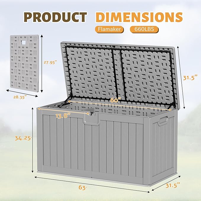 Flamaker Resin Deck Box 250 Gallon, Waterproof Imitation-Wood Lockable Storage Box with Separator Plate Outdoor Indoor, Garden, Patio Furniture for Tools&Pool Accessories (Gray)