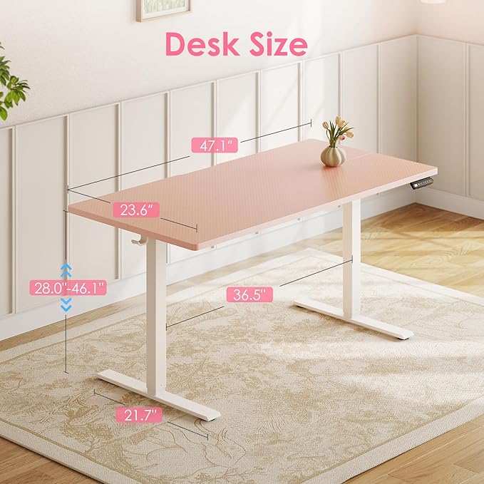 OffiGo Electric Height Adjustable Standing Desk, 48 Inch Pink Computer Desk for Women Girls, Sit Stand Table for Home, Office, Bedroom