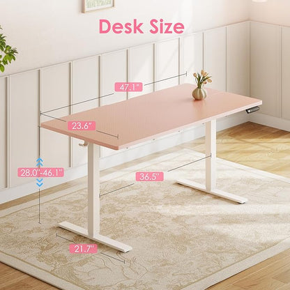 OffiGo Electric Height Adjustable Standing Desk, 48 Inch Pink Computer Desk for Women Girls, Sit Stand Table for Home, Office, Bedroom