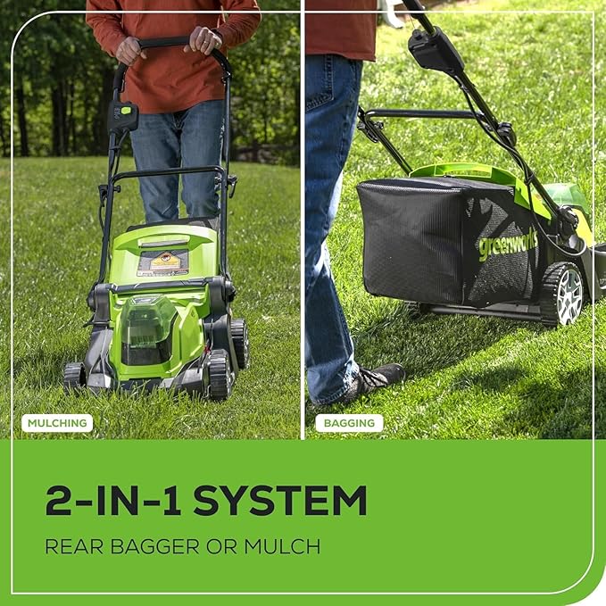 Greenworks 48V (2x24V) 17" Brushless Mower+12" String Trimmer+320CFM Blower+310 in./lbs Drill Driver, (2) 4.0Ah Batteries and (2) 2.0Ah Batteries, 2A Dual Port Charger