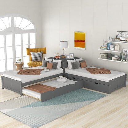 Harper & Bright Designs L-Shaped Platform Bed Frame with Trundle and Drawers Linked with Built-in Desk for Kids Boys Girls, Twin, Gray