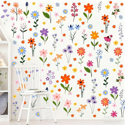 102Pcs Flower Wall Decals Peel and Stick, DIY Spring Themed Floral Wall Stickers, Removable Wildflower Spring Art for Girls Bedroom, Kids Room, Nursery, Living Room, Bathroom, Kitchen Home Wall Decor