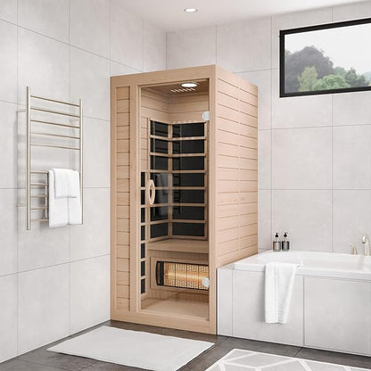 SteamSpa Home Sauna Room 1 Person Hemlock Wooden Indoor Sauna Spa - Bluetooth Speaker, FM, Oxygen bar, Heating Plate, Three Colors Lanterns, Touch Control Panel Temperature