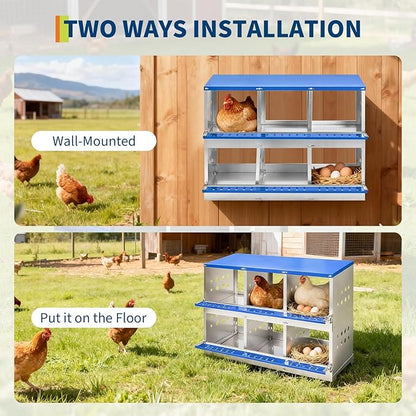 Metal Chicken Nesting Boxes - 6 Hole Wall-Mountable Laying Boxes with Roll-Away Egg Collection, Weatherproof Galvanized Steel, for Chicken Coop, Blue