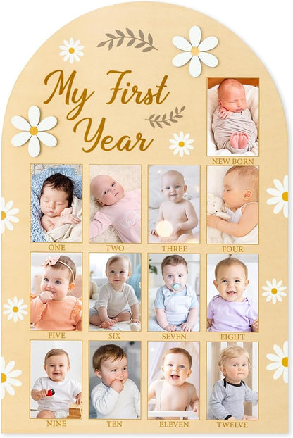 R HORSE My First Year Photo Display Wood Board, 3D Daisy Baby's First Year Picture Frame 12 Months Milestone Board Neutral Baby Keepsake Birthday Nursery Decor Gift for Boy Girl