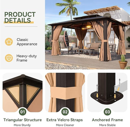 Aoxun 12'x10' Hardtop Gazebo, Aluminum Frame Permanent Pavilion with Curtains and Netting, Outdoor Polycarbonate Double Roof Canopy, Designed for Garden, Lawns, Patio, Brown