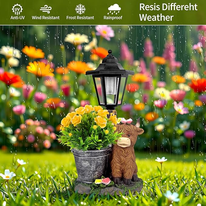 Solar Highland Cow Outdoor Statues, Garden Sculptures with Flowerpot Decor & Solar Lantern for Yard Art Lawn Ornaments Porch Patio Balcony - Birthday Gifts for Women Mom