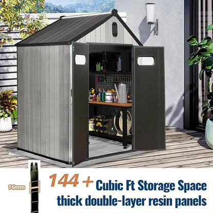 Domi 6×4ft Outdoor Resin Storage Shed - 144+ Cubic Ft Weatherproof Double-Wall Yard Shed with Skylight, Lockable Door and Carpet, Heavy-Duty Steel Frame Storage Building for Lawn Mower, Bike, Tools
