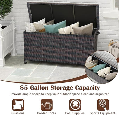 RELAX4LIFE 85-Gallon Deck Box with Wheels - Wicker Rattan Storage Bin Container w/Waterproof Liner & Gas Strut for Patio Cushions, Garden Tools, Pool Supplies, Indoor Outdoor Storage Box (Brown)
