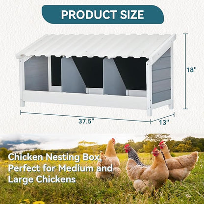 PETSFIT 3 Holes Chicken Nesting Box-All Weather PVC Roof, Natural Wood Design with Privacy Back Panel for Hens-Wall Mounted or Floor Use in Coops, Farms, Backyards,Easy to Assemble and Clean