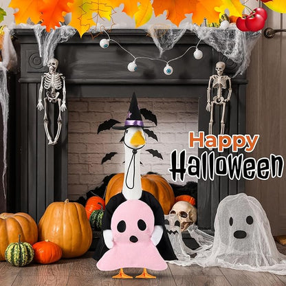 Sanwuta 1 Set Halloween Porch Goose Outfit Pink Ghost Pillow Design with Witch Hat for 23" Lawn Cement Goose Porch Geese Clothes Costume for Halloween Garden Patio Yard Outdoor Decorations