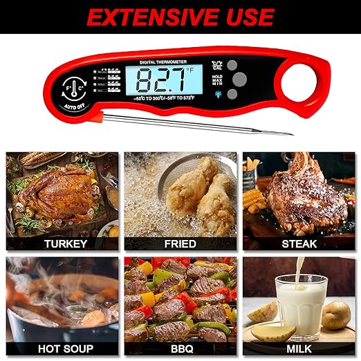 Meat Thermometer Digital for Cooking and Grilling, Collapsible Probe, with Magnet, Calibration, Backlight Waterproof Food Thermometer, Instant Read Thermometer for Kitchen, Meat, Steak, Turkey