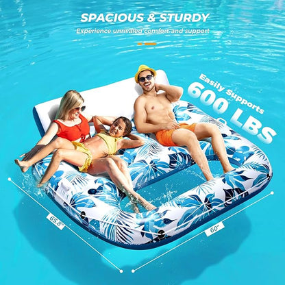 Pool Floats Adult 1-2-3 Person Inflatable Lounger, Extra Large Tanning Recliner Floaty Chair Raft with Backrest, Footrest, Cup Holder for Pool, Lake, River, Beach, Ocean & Party Use