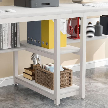 Tribesigns Two Person Desk with Bookshelf, 78.7 Computer Office Double Desk for Two Person, Rustic Writing Desk Workstation with Shelf for Home Office (White)