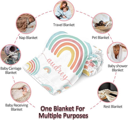 Ship Next Day, Customized Baby Blanket for Girls, Personalized Baby Girl Blanket with Name, Rainbow Decor Newborn Receiving Blankets for Girls Swaddle, Custom Babies Shower Birthday