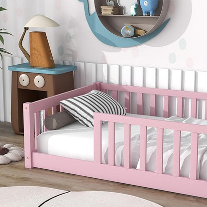 Twin Size Kids Montessori Floor Bed,Twin Floor Bed Frame with Slats,Solid Wood Twin Bed Frame for Girls Boys,Pink