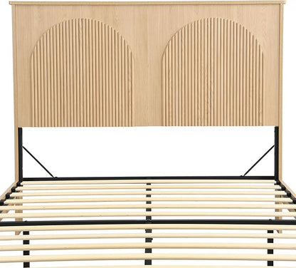 XIAOWEI Queen Size Bed Frame with 52.4" Tall Headboard 2 Storage Drawers,Fluted Sturdy Wooden Frame with Underbed Storage,No Box Spring Needed Platform Bed,Easy Assembly Low Profile Bed Frame,Natural