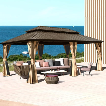 Domi 12' x 20' Hardtop Gazebo Permanent Metal Gazebo with Galvanized Steel Double Roof, Curtains and Netting for Party, Wedding, Outdoor Dining, Patio, Backyard, Brown