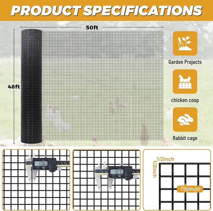 Black Hardware Cloth 1/2'' 36'' X 50',19 Gauge Chicken Wire Fencing PVC Coating Welded Wire Mesh Rolls for Chicken Coop and Home Improvement Garden Fence Rabbit Tree Guard