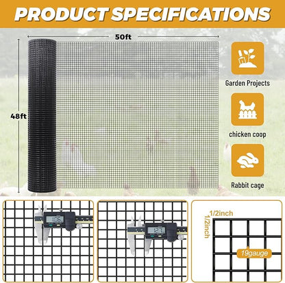 Black Hardware Cloth 1/2'' 36'' X 50',19 Gauge Chicken Wire Fencing PVC Coating Welded Wire Mesh Rolls for Chicken Coop and Home Improvement Garden Fence Rabbit Tree Guard