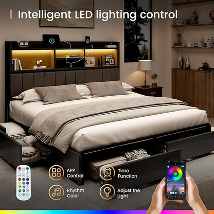 King Bed Frame with 6 Storage Drawers, Linen Upholstered Headboard, Built-in