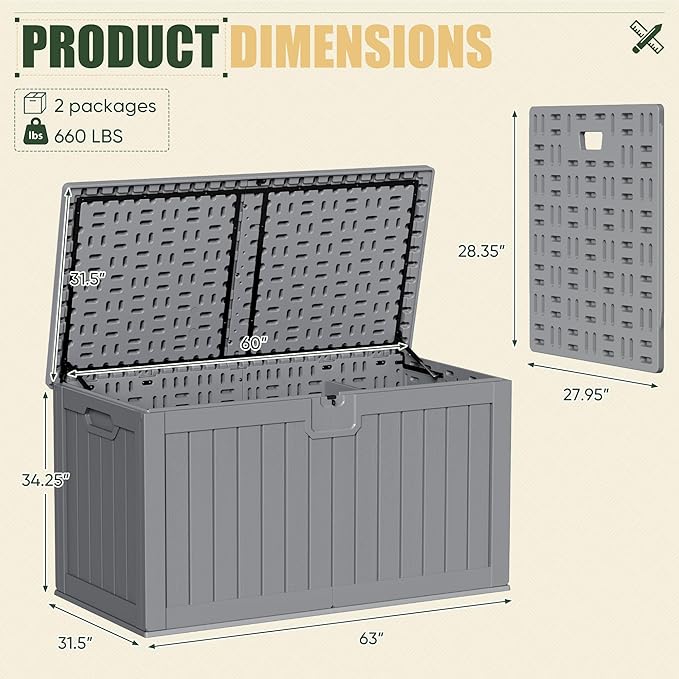 JUMMICO 250 Gallon Outdoor Resin Deck Box with Divider, Waterproof Storage Box with Lockable Lid&Side Handles for Garden Tools, Pools Supplies (Gray)