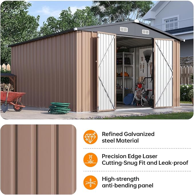 12x10FT Outdoor Storage Shed, Metal Garden Shed with Lockable Double Doors & Sloping Roof, Weather-Resistant Tool Shed for Backyard, Patio, Poolside Brown