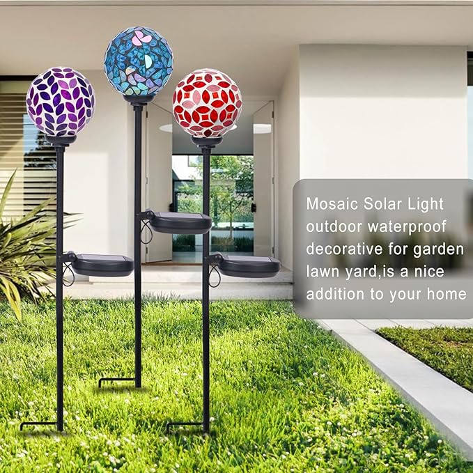 VCUTEKA Solar Garden Decorative Lights Outdoor, Mosaic Solar Light Waterproof LED Pathway Stake Light for Landscape Patio Yard Deck Walkway Decoration, 3 Pack （Blue&Purple&Red）