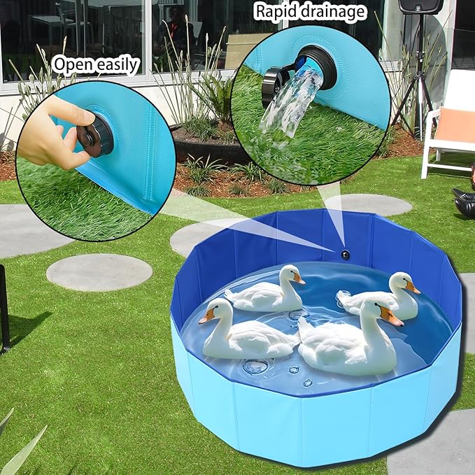Upgraded Large Duck Pool with Drain Plug, 39 x 12 Inch Extra Tough PVC Ducks Swimming Pool for Pet, Dogs, Cats, Blue Hard Plastic Portable Foldable Pond for Indoor Outdoor Use