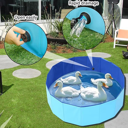 Upgraded Large Duck Pool with Drain Plug, 39 x 12 Inch Extra Tough PVC Ducks Swimming Pool for Pet, Dogs, Cats, Blue Hard Plastic Portable Foldable Pond for Indoor Outdoor Use