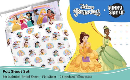 Sunny Side Up Disney Princess Full Sheet Set - 4 Piece Kids Bedding Set Includes Pillow Cover - Super Soft Rainbow Microfiber Sheets Moana, Belle & Rapunzel