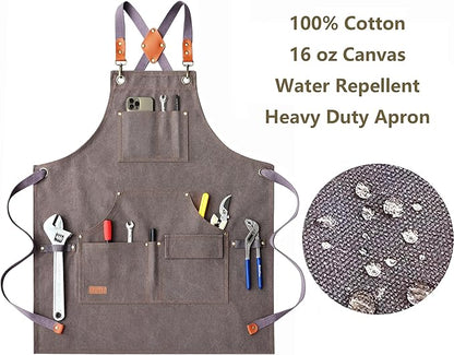 AFUN Work Aprons for Men with Large Pockets, Cotton Canvas Cross Back Heavy Duty Adjustable Tool Apron, Size M to XXL (Grey)