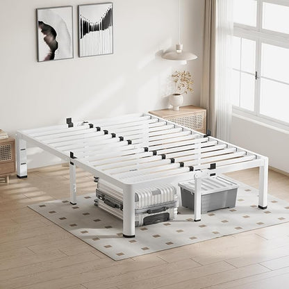 18 Inch King Size White Bed Frame, 3500Lbs Heavy Duty Metal Platform with Round Corner Legs Mattress Slide Stopper, Steel Slat Support No Box Spring Needed, Noise Free, Non-Slip, Easy Assembly